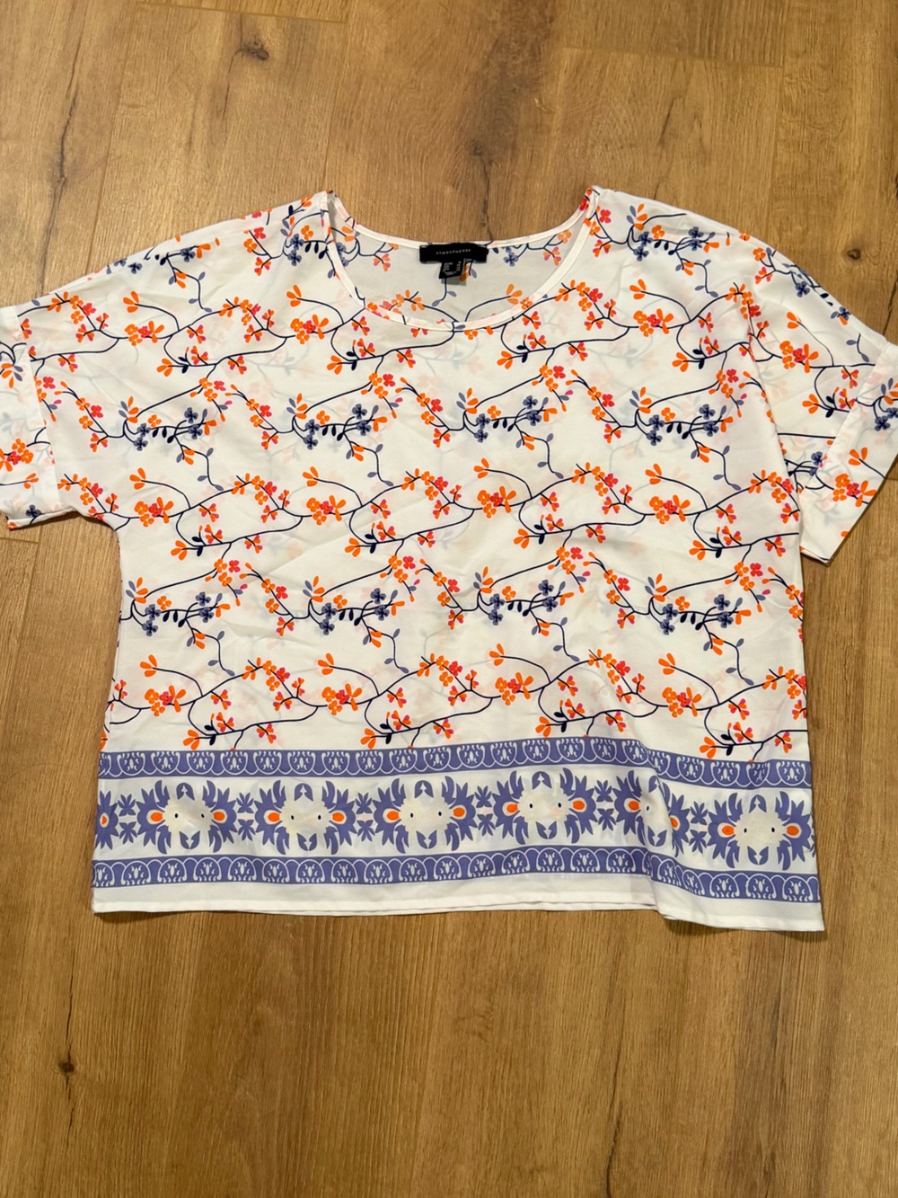 Atmosphere White Short-Sleeve Floral Tee with Orange & Blue Print